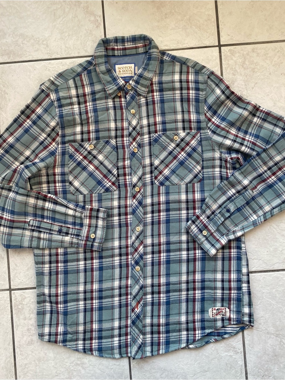 NWT $228 Scotch & Soda Men L Blue Plaid Flannel Regular Fit LS Button Down Shirt